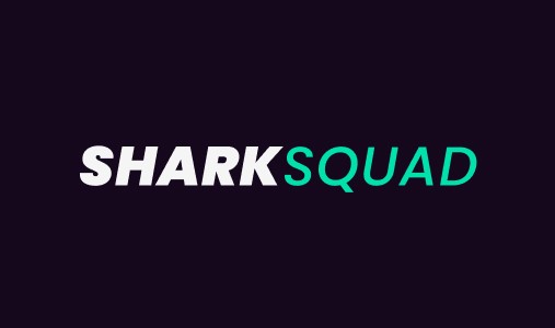 Client logo for Shark Squad. Deep purple background with white and green text