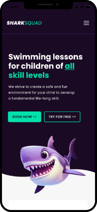 Mobile website mockup for the homepage, with a purple cartoon shark mascot